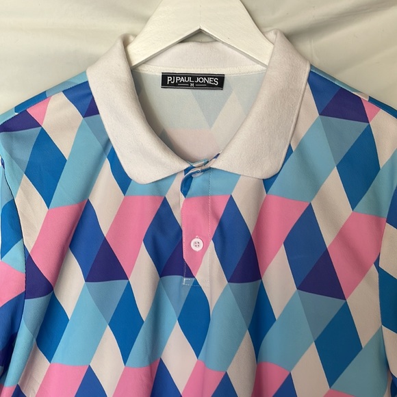 PJ PAUL JONES Mens Geometric Polo Shirt Multi-Color Casual Golf Tee Size Medium - Picture 3 of 7